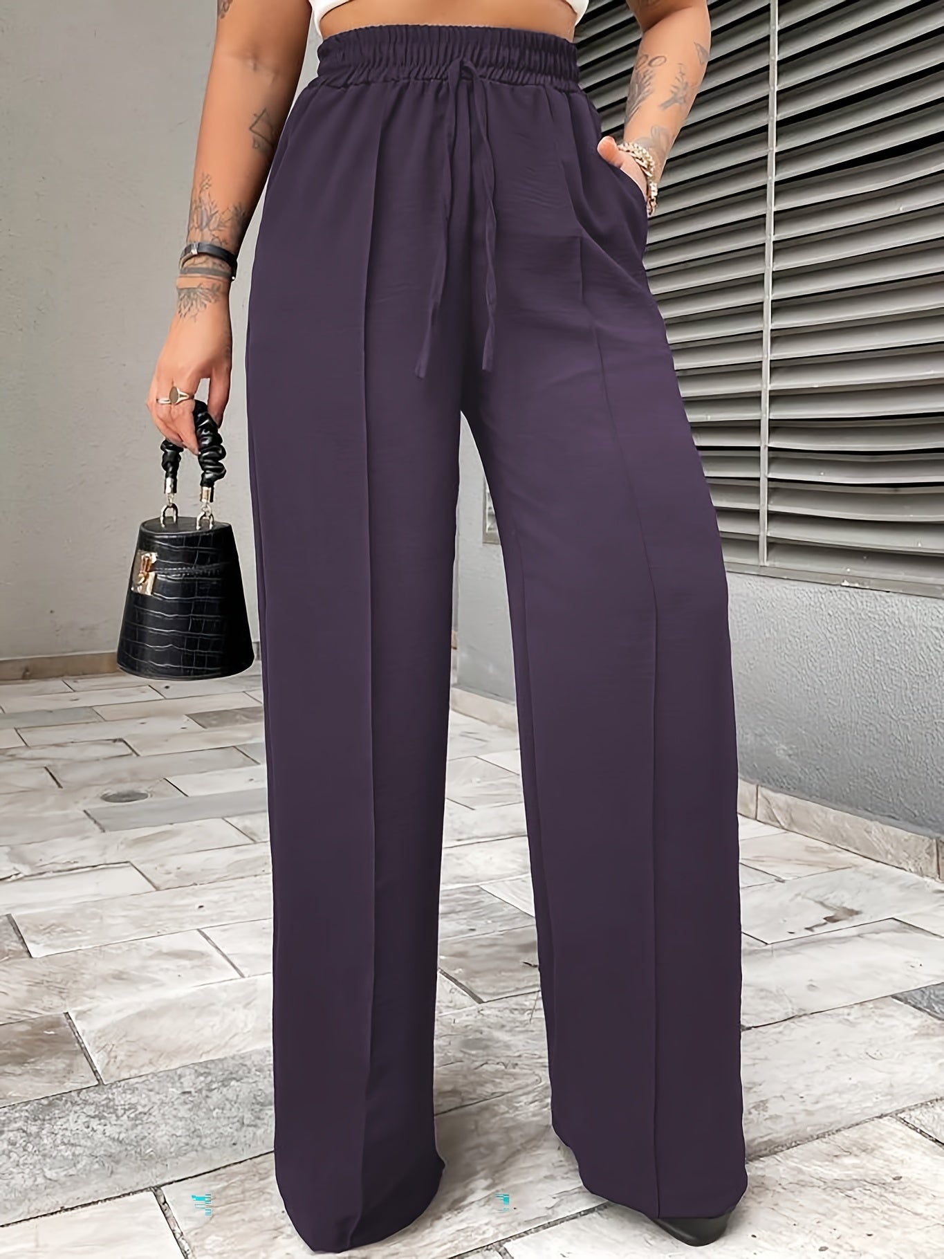 Elegant Middle-Eastern Polyester Straight Leg Pants 95% Polyester 5% Elastane Solid Color with Faux Drawstring Detail Spring/Fall Collection for Women - Woven Fabric, Comfort Fit Lounge Trousers with Pockets