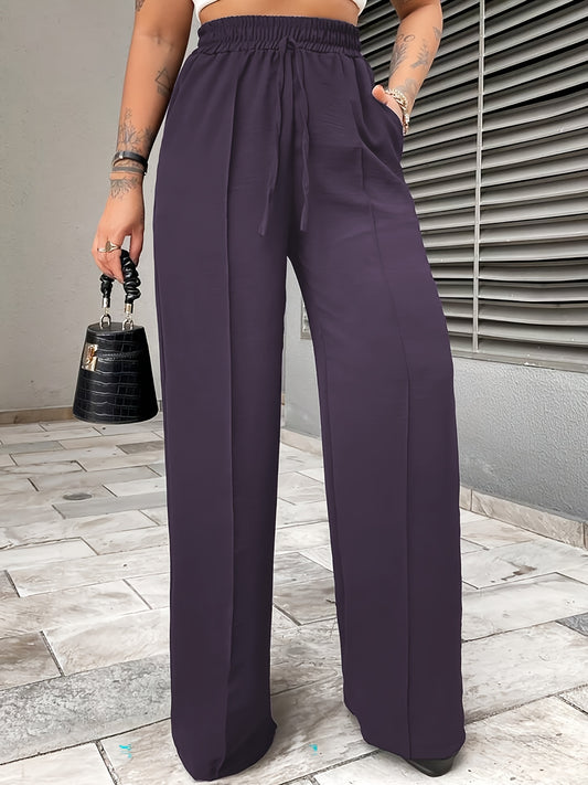 Elegant Middle-Eastern Polyester Straight Leg Pants 95% Polyester 5% Elastane Solid Color with Faux Drawstring Detail Spring/Fall Collection for Women - Woven Fabric, Comfort Fit Lounge Trousers with Pockets