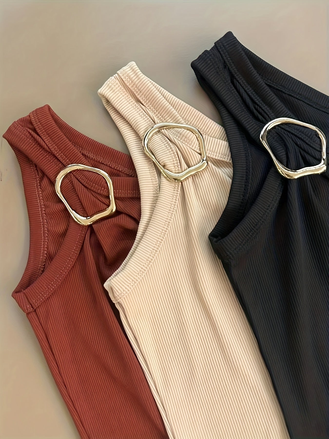 Summer Sexy Slim-Fit Design Metal Buckle Pullover Vest Three-Piece Set