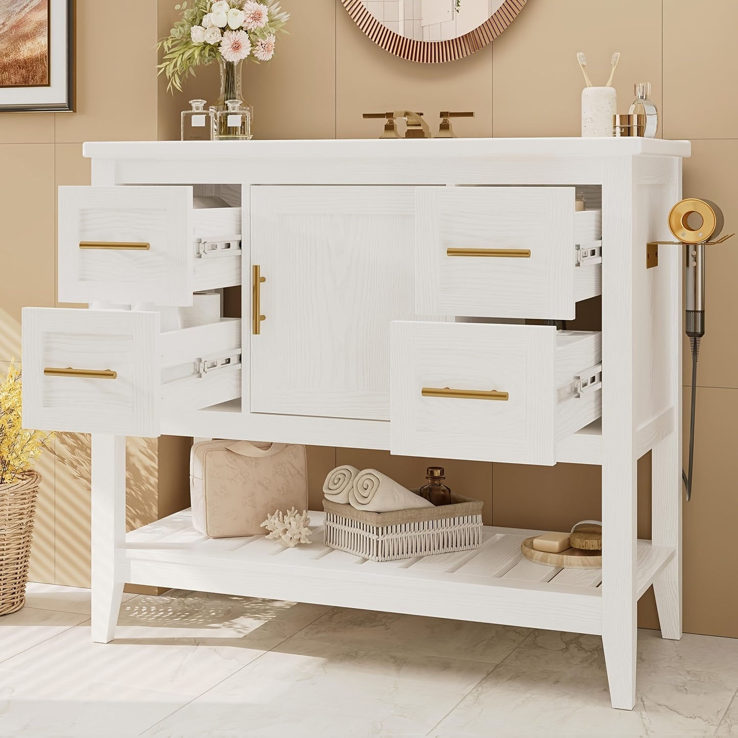 IRONCK 36" Modern Undermount Bathroom Vanity with Sink - White Wooden Cabinet with 4 Drawers, Open Shelf, Charging Station & Door Shelves, Rustic Style for Contemporary Bathrooms, Bathroom Vanity Cabinet, Bathroom Storage, Mi