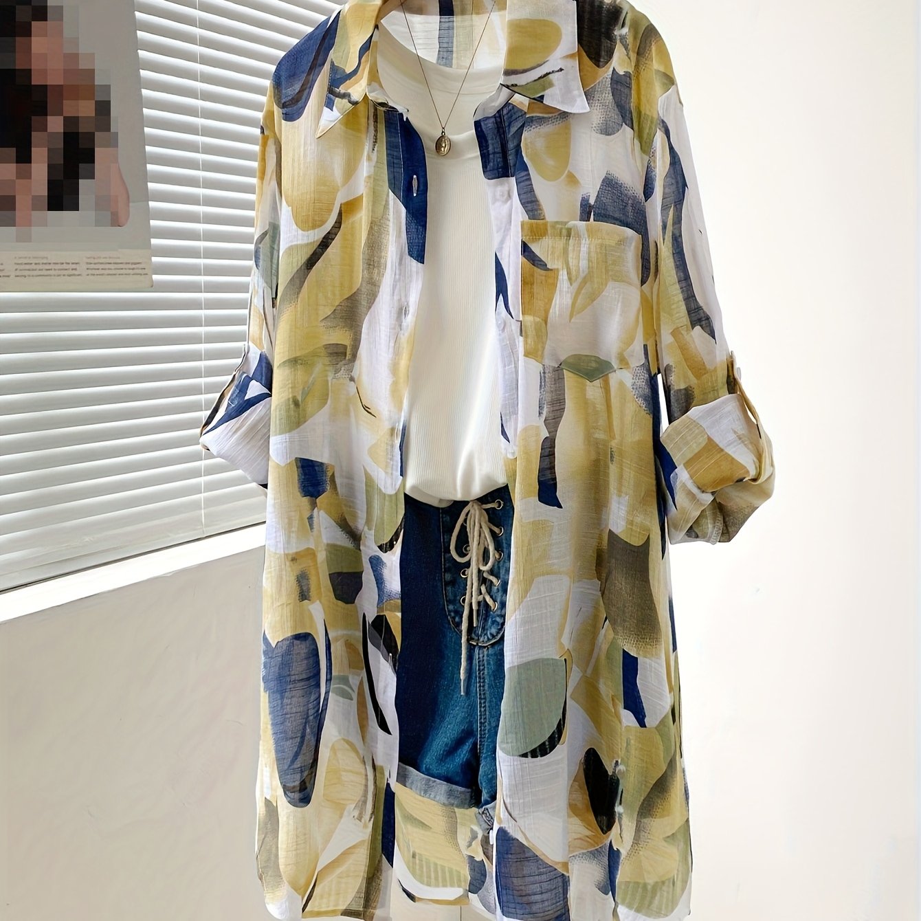 Women's All-Season Casual Elegant Blouse - Lightweight Semi-Sheer Geometric Print Long Sleeve Shirt, Loose Fit Collar Button-Up Cardigan Style Top for Outdoor & Leisure Wear, Collar Design, Breathable Fabric, Delicate Texture