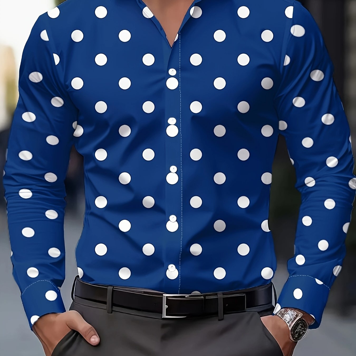 [Men's Casual Shirt] Men's Casual Shirt - Red & Black Polka Dot Print, Machine Washable Non-Elastic Fabric, Classic Button Front, Regular Fit Long Sleeve for Spring/Autumn Outdoor & Casual Wear, Seasonal Fashion, Straight Sle