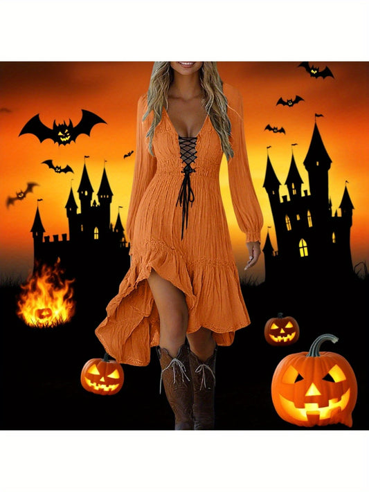 [Halloween Cowgirl Dress] Vintage Cowgirl Midi Dress - Women's Halloween Dress with Sleeveless Ruffled Hem, Orange & Black Party Outfit for Halloween Costumes, Western Themed Events - Elegant Casual to Formal Attire by XECVKR