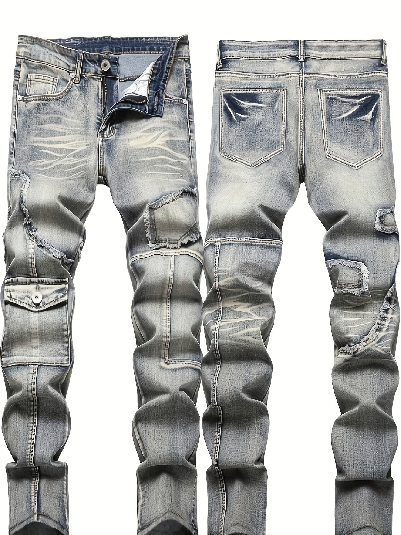 Men'S Mid-waist Vintage Washed Process Frayed Elastic Denim Skinny Jeans