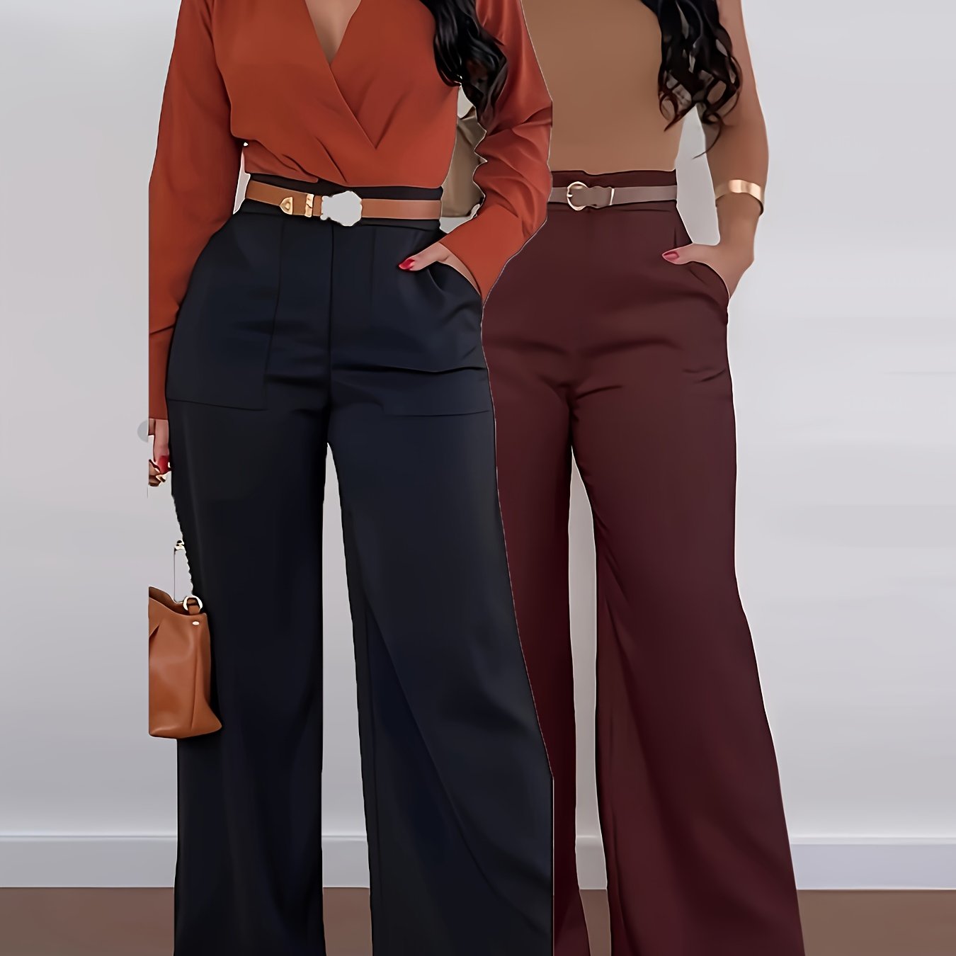 Two-Pack Women's Elegant Straight Leg Work Pants with Large Side Bags, Wide Leg Pants for Women High Waist, Extra Long Pants, High Waist Trouser Pants for Women, Stretch Straight Leg Pants for Women, Leg Pants for Women