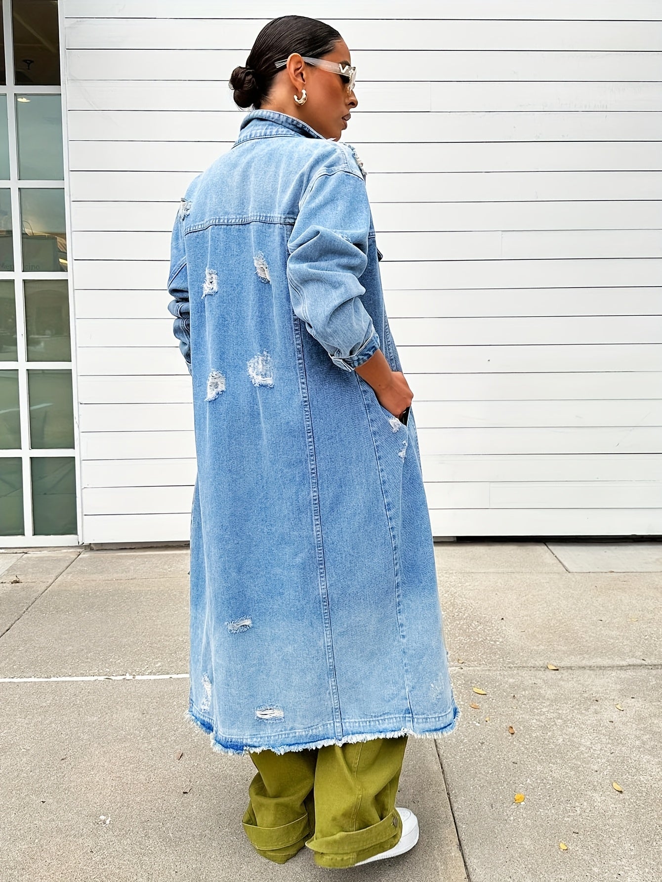 Broken Hole Long Denim Jacket, Women'S Denim Trench Coat Jacket, Real Pocket