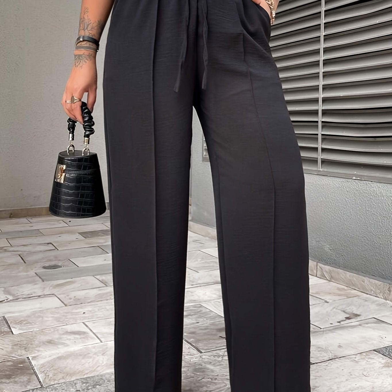 Elegant Middle-Eastern Polyester Straight Leg Pants 95% Polyester 5% Elastane Solid Color with Faux Drawstring Detail Spring/Fall Collection for Women - Woven Fabric, Comfort Fit Lounge Trousers with Pockets