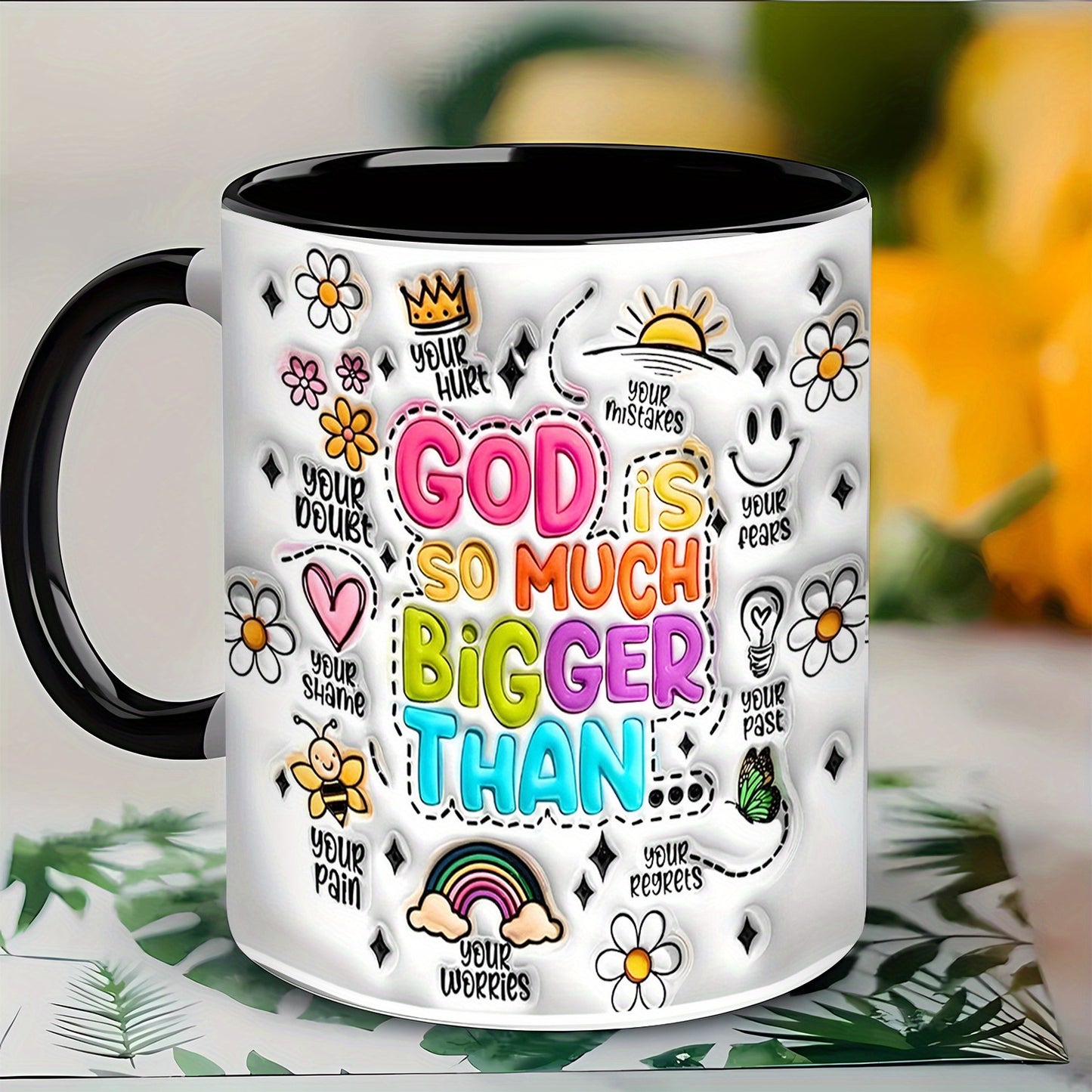 11oz Inspirational Ceramic Coffee Mug with "God Is Much Bigger Than" Message - Floral & Rainbow Design, Uplifting Christian Gift for Birthdays, Valentine's Day, Office Use - Durable C-Handle for Hot Beverages, Coffee Bar Acce