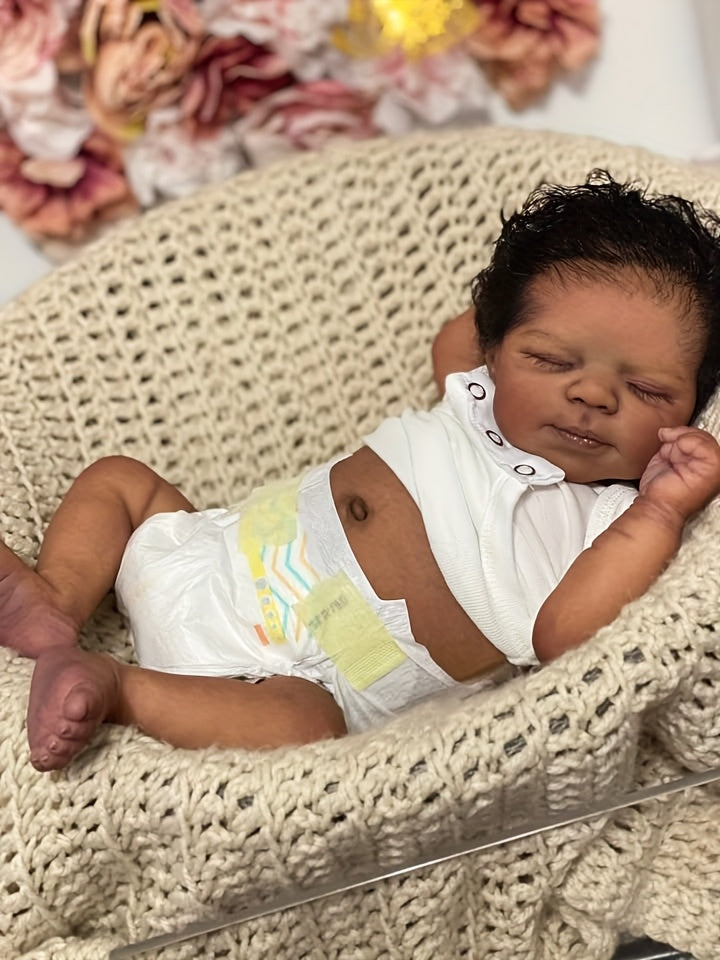19 Inch Reborn Baby Doll- Soft Full Vinyl Body, Lifelike Newborn Sleeping Doll Dark Brown Girl, Rooted Hair, Lovely Kids Toy Gift, Realistic Alive Doll For Birthday/ Thanksgiving Day/ Christmas Gifts