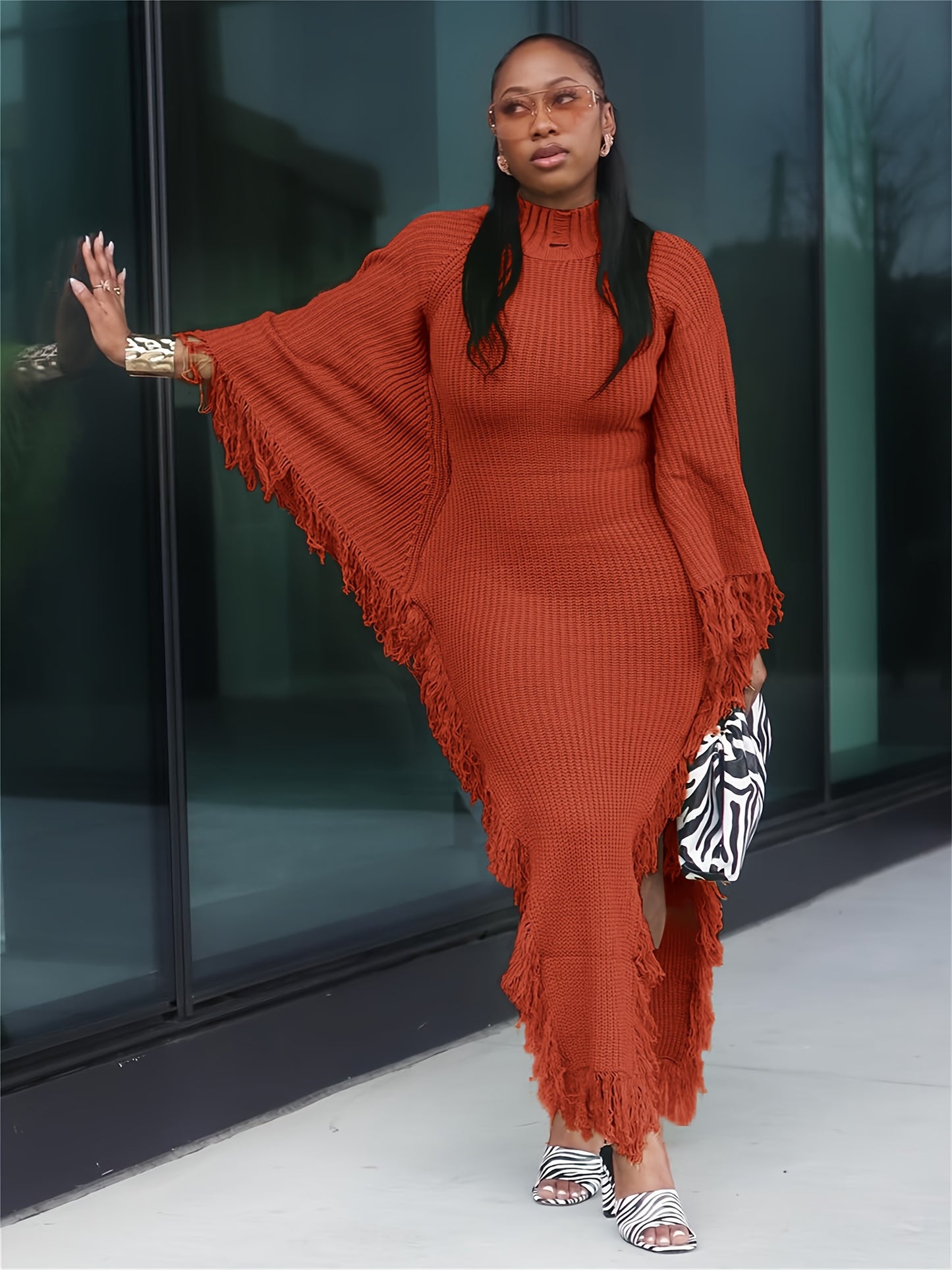 Fringe Trim Sweater Dress For Women, Batwing Long Sleeve High Neck Maxi Dress With Asymmetrical Hem, Sexy And Chic Style, For Fall Winter