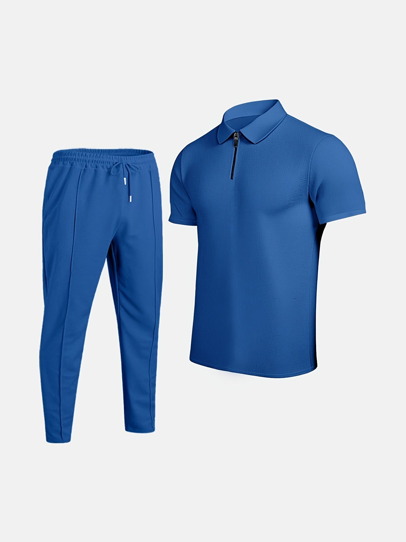 Men's Waffle Texture Lapel Shirt And Pants Set - Polyester Short Sleeved Shirt, Zipper Access, Elastic Drawstring Waist Straight Leg Pants 5 Colors Suitable For Spring, Summer, Autumn, Beach, Outdoor Activities, Daily Wear, S