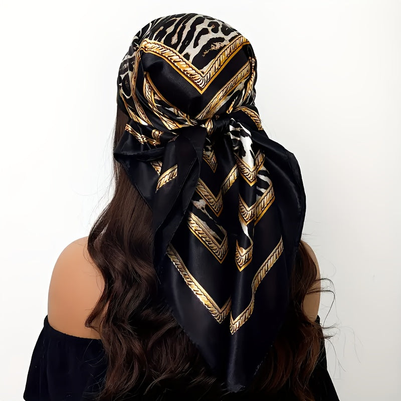 [Exquisite Head Scarf] 4pcs Exquisite Head Scarf for Women | Inspired Black Square Scarf with Golden & Zebra Print - Glamorous Headwear for Any Occasion