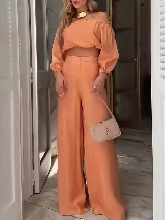 European and American Style Spring/Autumn One-Shoulder Short Top High-Waisted Wide Leg Pants Set Casual Fashion Two-Piece
