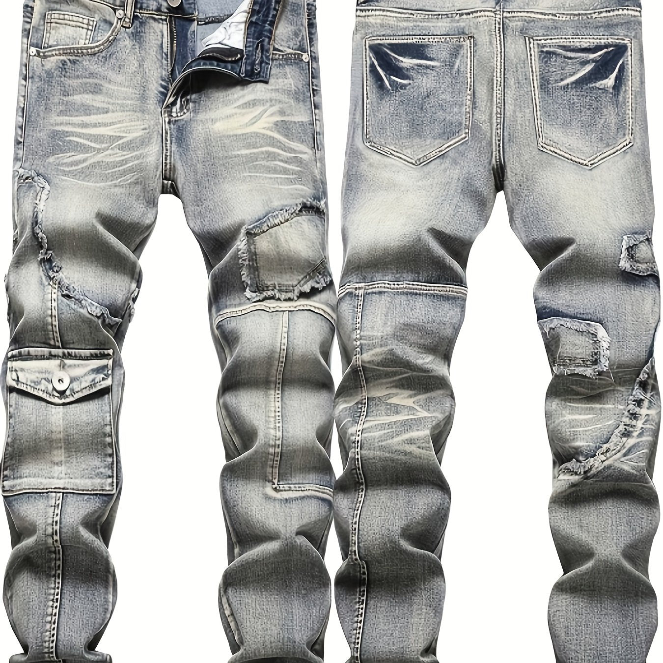 Men'S Mid-waist Vintage Washed Process Frayed Elastic Denim Skinny Jeans