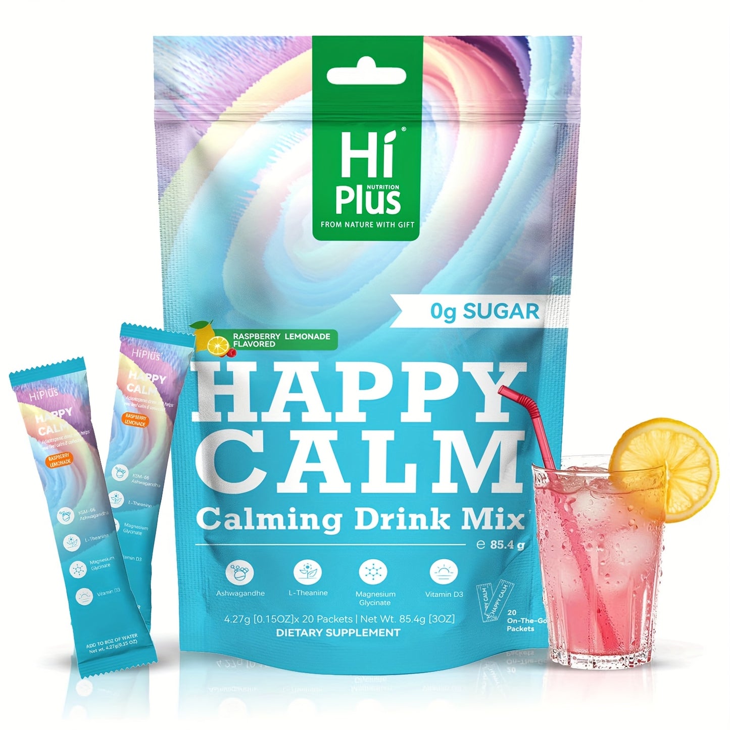 HiPlus Calm Super Powdered Drink Mix, Raspberry Lemonade, L Theanine, Ksm-66 Ashwagandha, Magnesium Glycinate, Vitamin D 3, Supplement for Relaxation And Concentration, Sugar-Free, On-the-Go, 20 Ct-Calming Magnesium Calming P