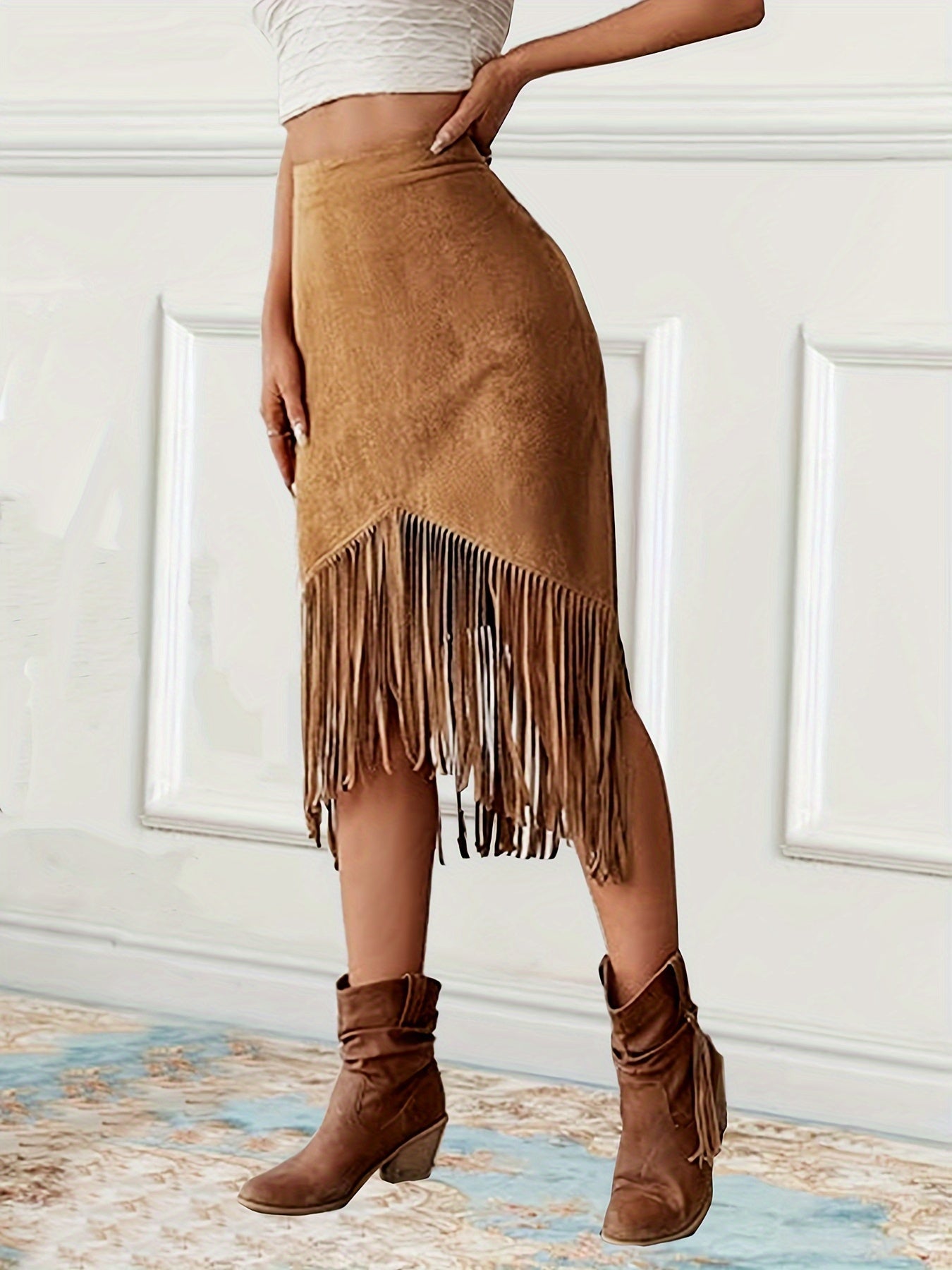 Women'S Vintage Western-Style Fringed Mid-Length Skirt