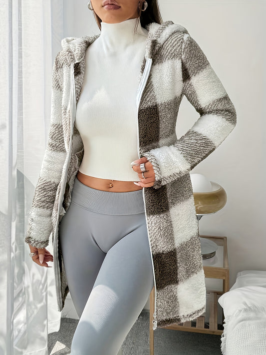 Women'S Plaid Check Hooded Coat - Mid-Length Zipper Cardigan with Fleece-Like Texture, Slim-Fit Winter Warmth, Casual Elegant Outerwear for Fall & Winter