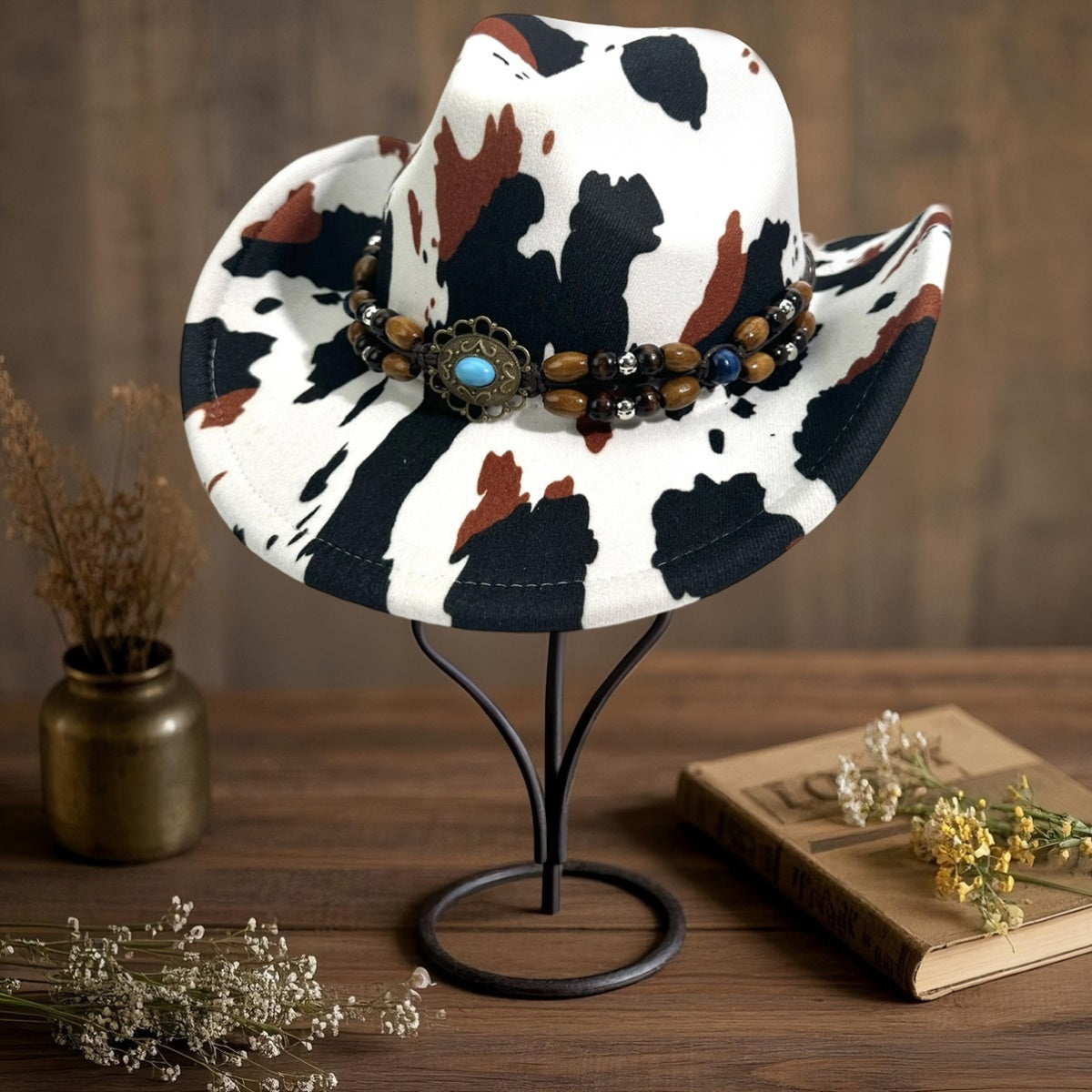 Cow Print Cowgirl Hat for Women & Men - Wide Brim Beaded Belt Western Cap with Black & White Cow Pattern, Brown & White Accents, Perfect for Parties, Beach, and Outdoor Events, Cowboy Hat, Party Accessory, Stylish Headwear