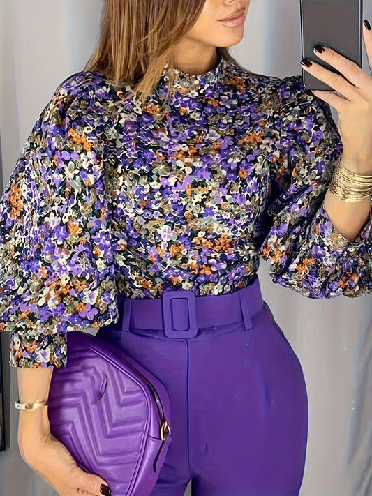 Women's Floral print Blouse - Non-See-Through Long Sleeve Shirt in Purple, High Neck Tops for Spring/Fall Everyday & Formal Outfits, Long Sleeve Blouse, Autumn Attire, Lantern Sleeve Design, Quality Craftsmanship, Nontranspar