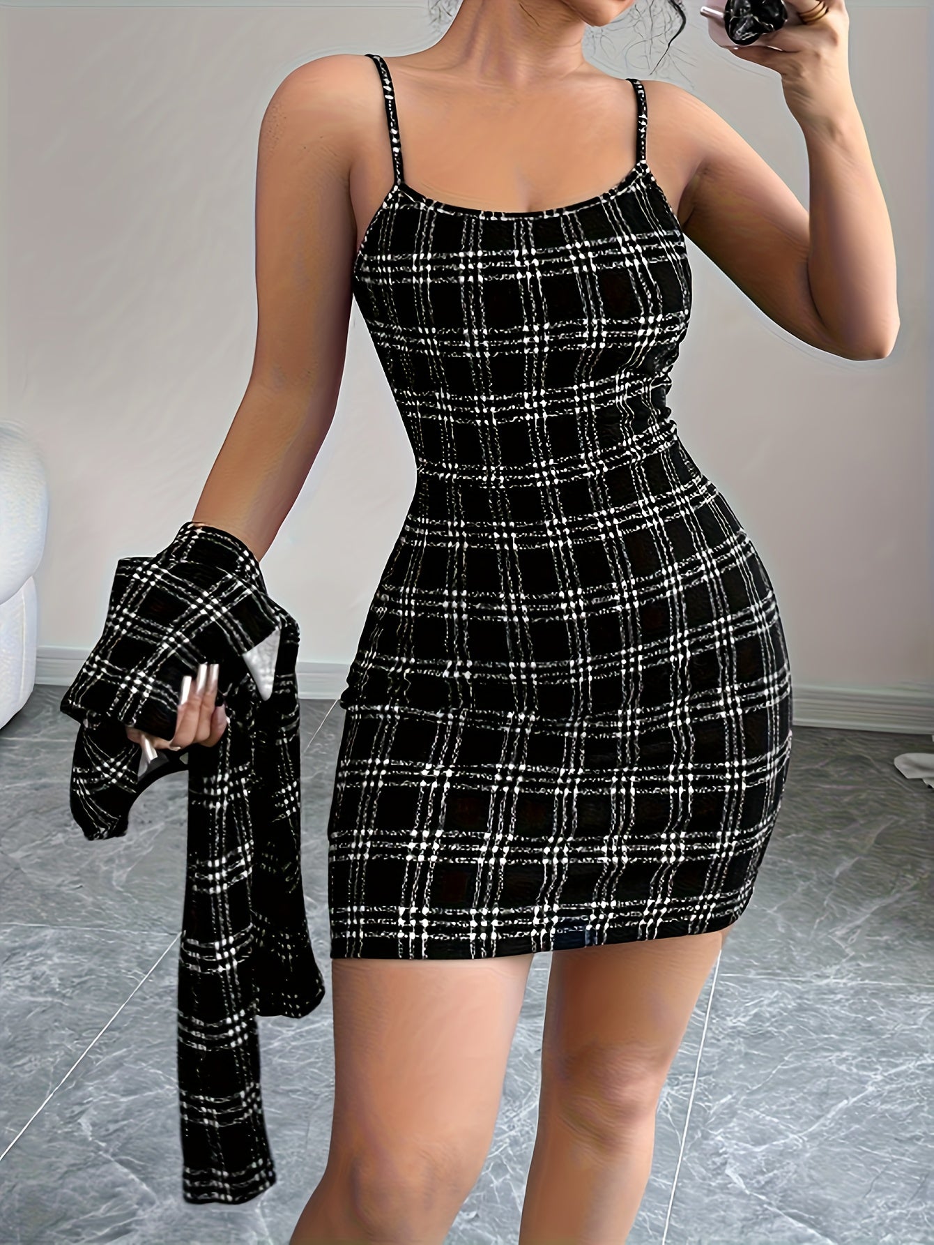 2025 New Elegant Resort Style Collection: Plaid Print Buttoned Long-Sleeve Coat + Slim Camisole Dress, Vacation Outfit, Elegant Ensemble, Classic Plaid Pattern, Lightweight Fabric, Machine Washable, Matching Outfit, Travel En