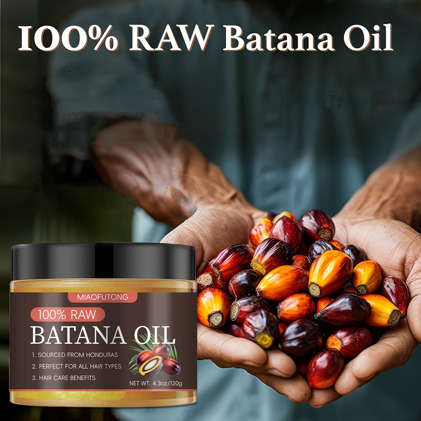 Miaofutong 100% Raw Batana Oil - Moisturizing & Smoothing Hair Treatment for Dry, Damaged Hair - Scalp Nourishment, Suitable for All Hair Types - 4.3oz/120g, Hair Treatment Oils
