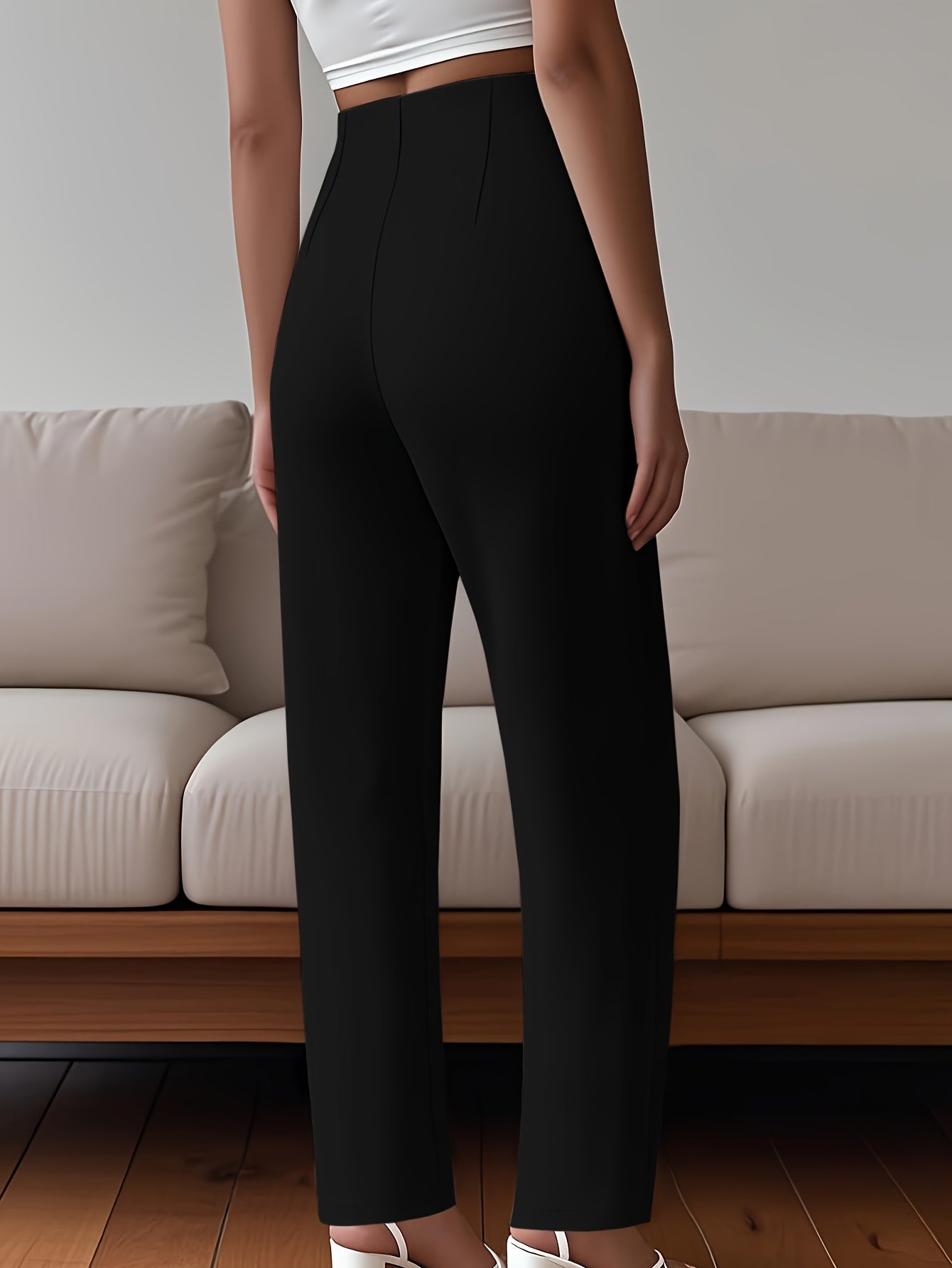 Women's Elegant Solid Black Trousers with Hidden Zipper Closure - Structured Non-Stretch All-Season Work Pants for Commuting, Travel & Professional Attire, Machine Washable Tailored Fit, High Waist Trouser Pants for Women, Pa