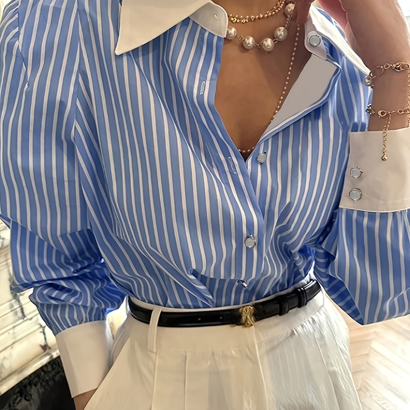 Gavin Women's Casual Long Sleeve Shirt - Blue & White Striped Button-Up Blouse with Pointed Collar, Relaxed Fit, Machine Washable, All-Season Versatile Top, Seasonal Fashion | Classic Collared Blouse | Goldtone Accents