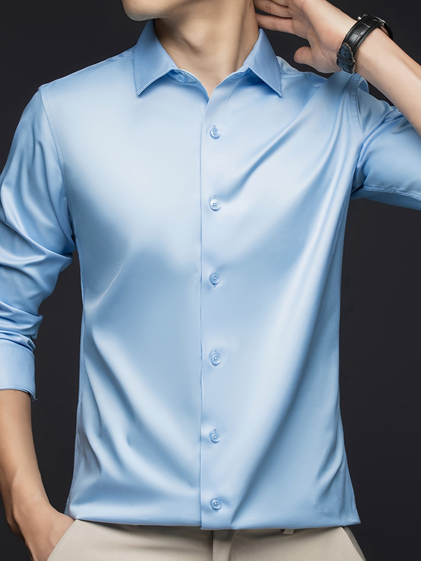 Men's Wrinkle-Resistant Lightweight Long Sleeve Dress Shirt - Solid Color Button-Up with Chest Pockets, Non-Stretch Fabric, Classic Collar Design for Casual & Formal Wear, Spring/Fall Essential, Durable & Easy Care, Autumn Ap