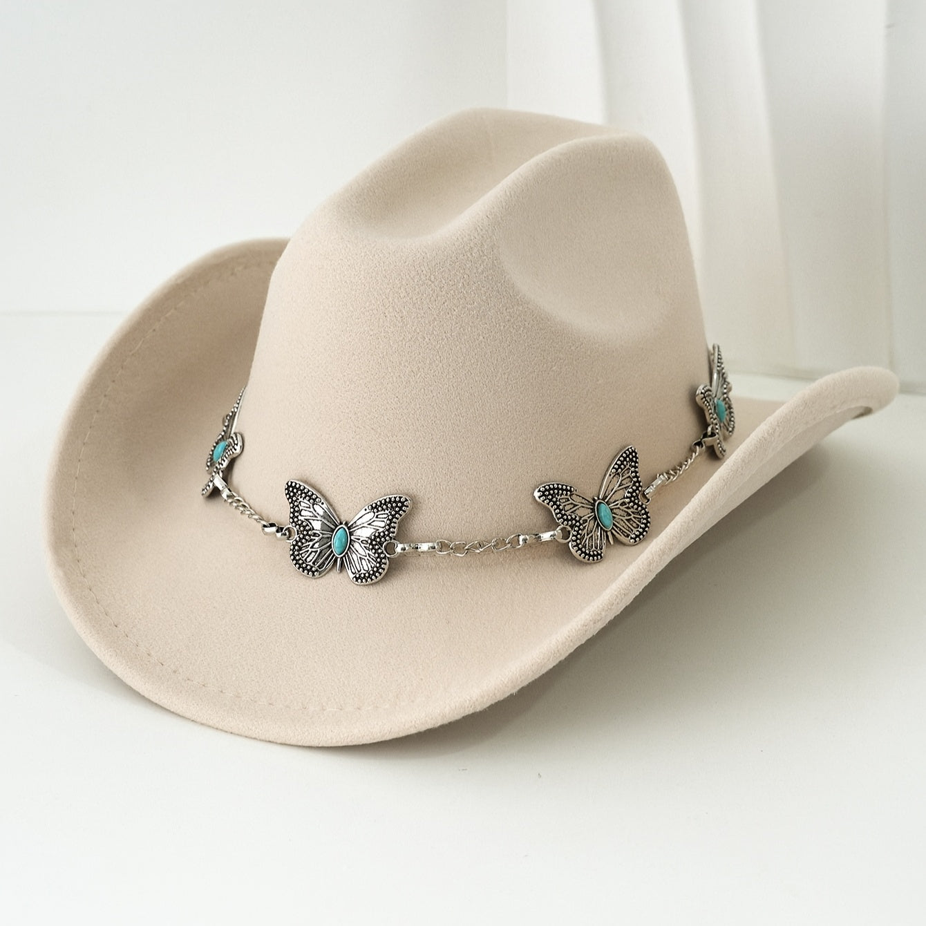 [Western Cowgirl Hat] 1pc Western Cowgirl Hat | Lightweight, Polyester, Woven, Fedora Style with Silvery Metal Butterfly, Ideal for Western Themed Events & Grassland Music Festivals