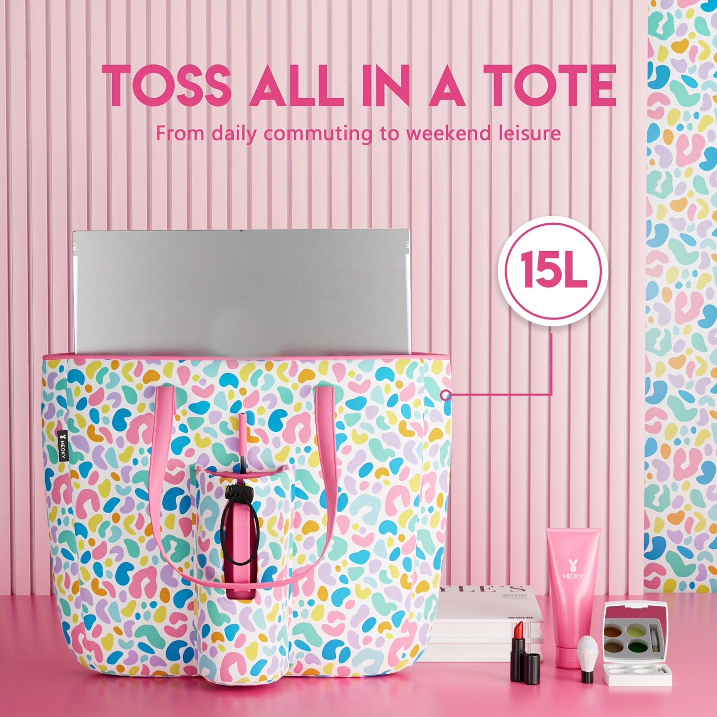 [Pink Nylon Tote] MEOKY Large Pink Nylon Tote Bag | 3.96gal High Quality with Zippered Compartment & Wrist Strap - Water Bottle Carrier Bag, Work Carryall Purse, Fashionable Luggage Accessory, Sturdy Handles for Travel, Work,