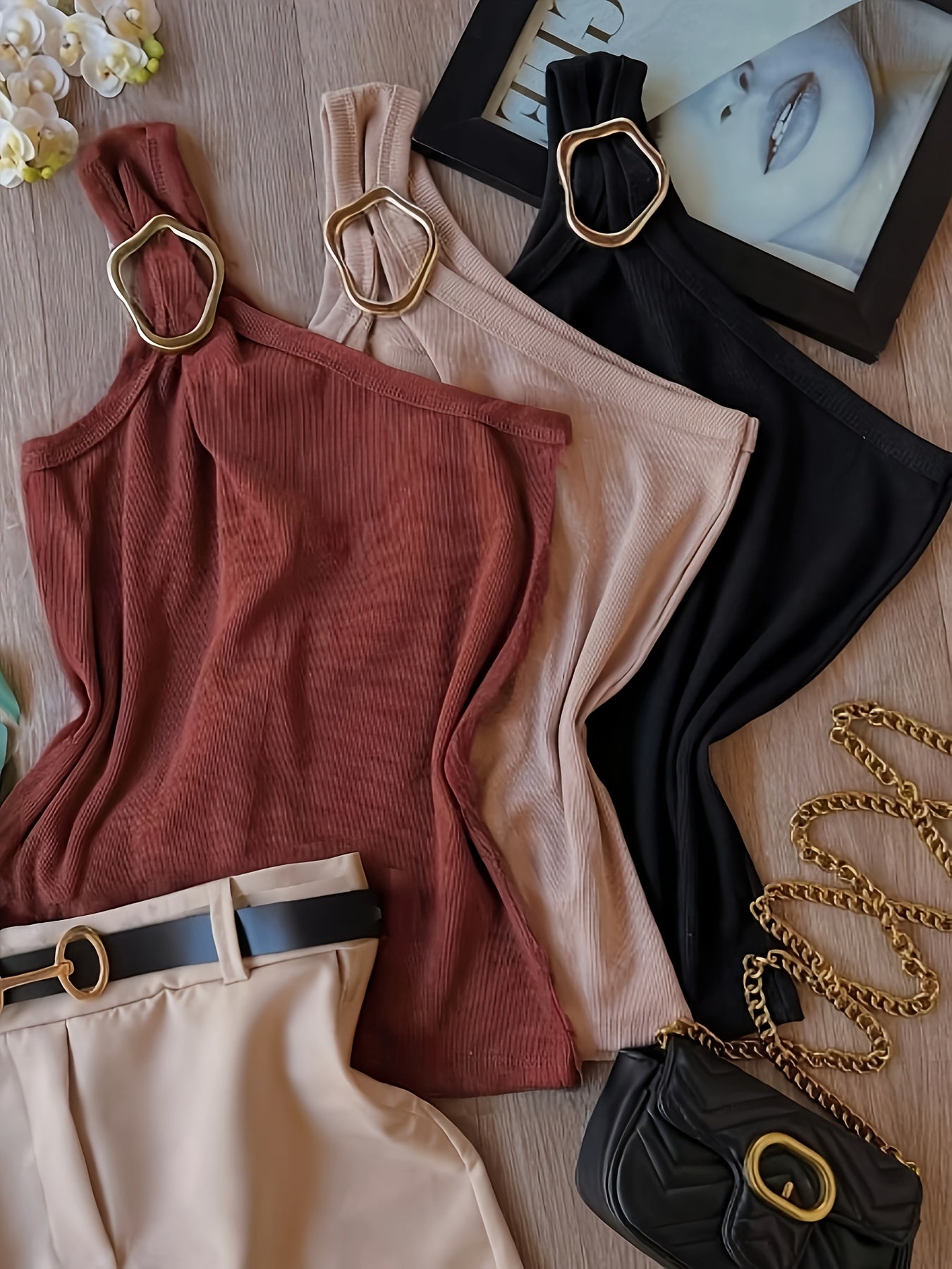 Summer Sexy Slim-Fit Design Metal Buckle Pullover Vest Three-Piece Set