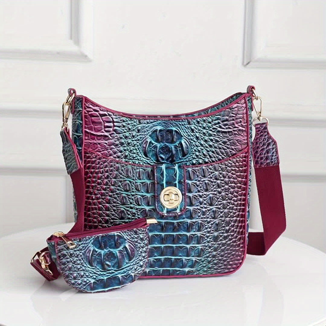 Elegant women's cross-body bag, fashionable color crocodile pattern cross-body bag, wide shoulder strap removable two-piece women's bag, safety zipper bag with coin purse