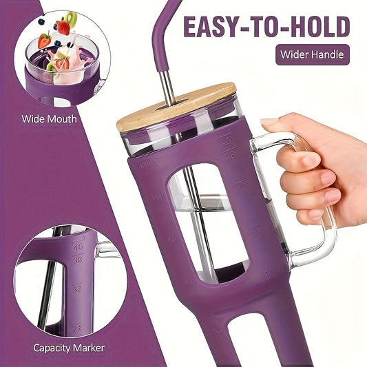 Winsa 46oz Glass Tumbler with Lid, Straw & Handle - BPA-Free, Leakproof Cup with Measurement Markings, Clear Window - for Iced Coffee, Tea, Smoothies, Cold Drinks - Ideal for Home, Office, Travel, Gym - Elegant Purple Design,