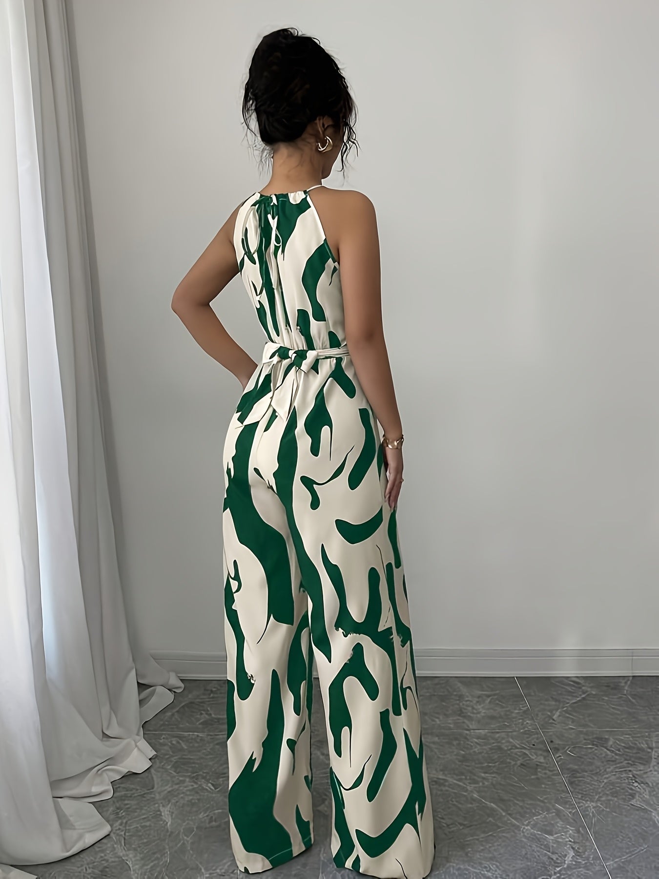 Green Women's Geometric Print Sleeveless Jumpsuit with Tie Waist and Wide Legs in White - Perfect for Night Outs, Parties, and Casual Attire, Casual Attire|Modern Casualwear|Strapless Jumpsuit