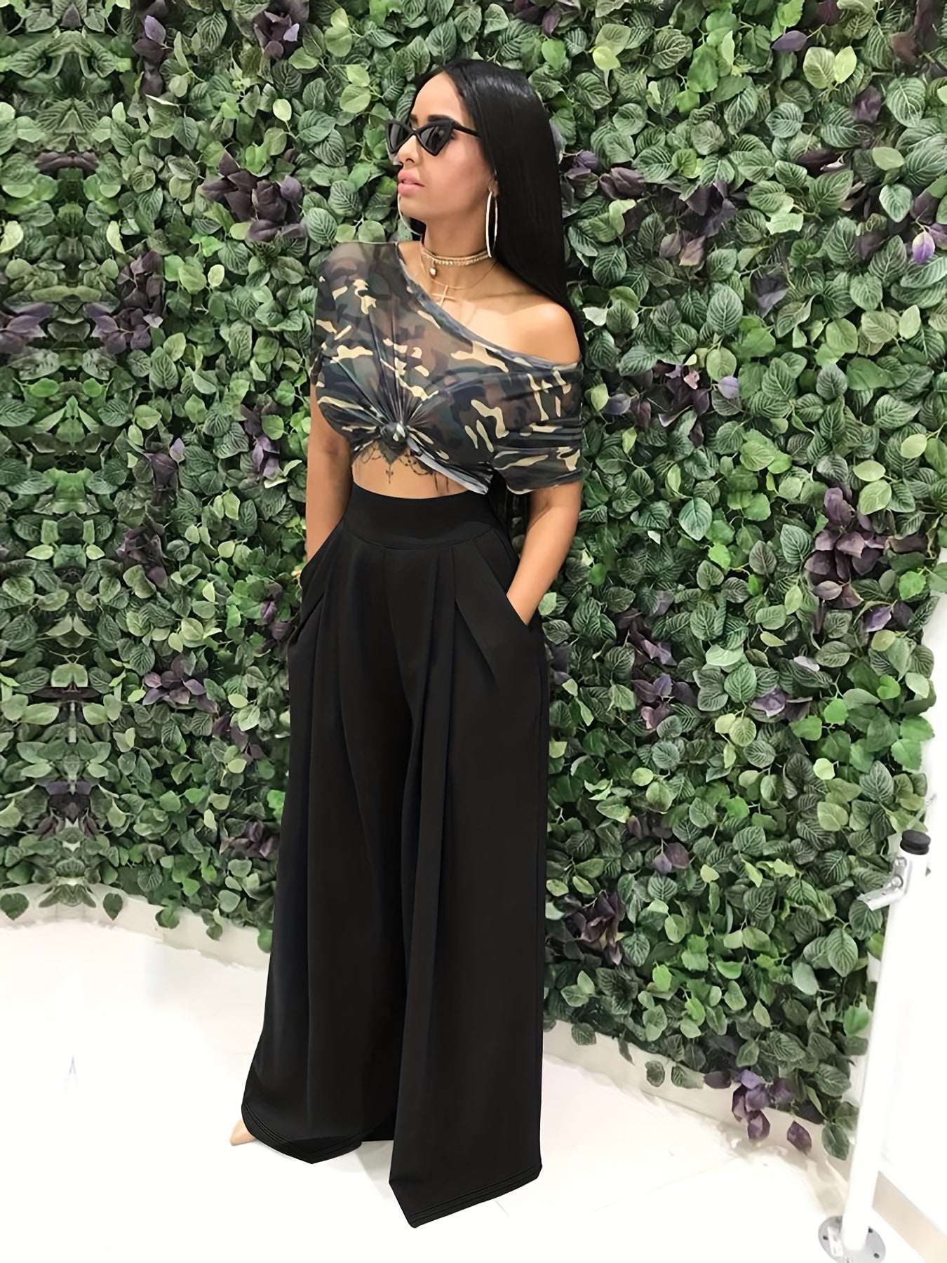 Loose Straight Flare Pants, Casual Pocket High Waist Solid Wide Leg Fashion Comfy Pants, Women's Clothing