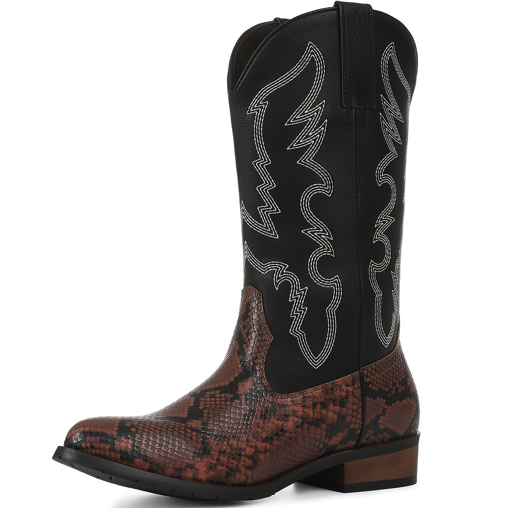 [MIKARKA Western Cowboy Boots] MIKARKA Men's Western Cowboy Boots - Pointed Toe, PU Upper & Inner, Rubber Sole, Slip-On, Short Boots with Striped Pattern