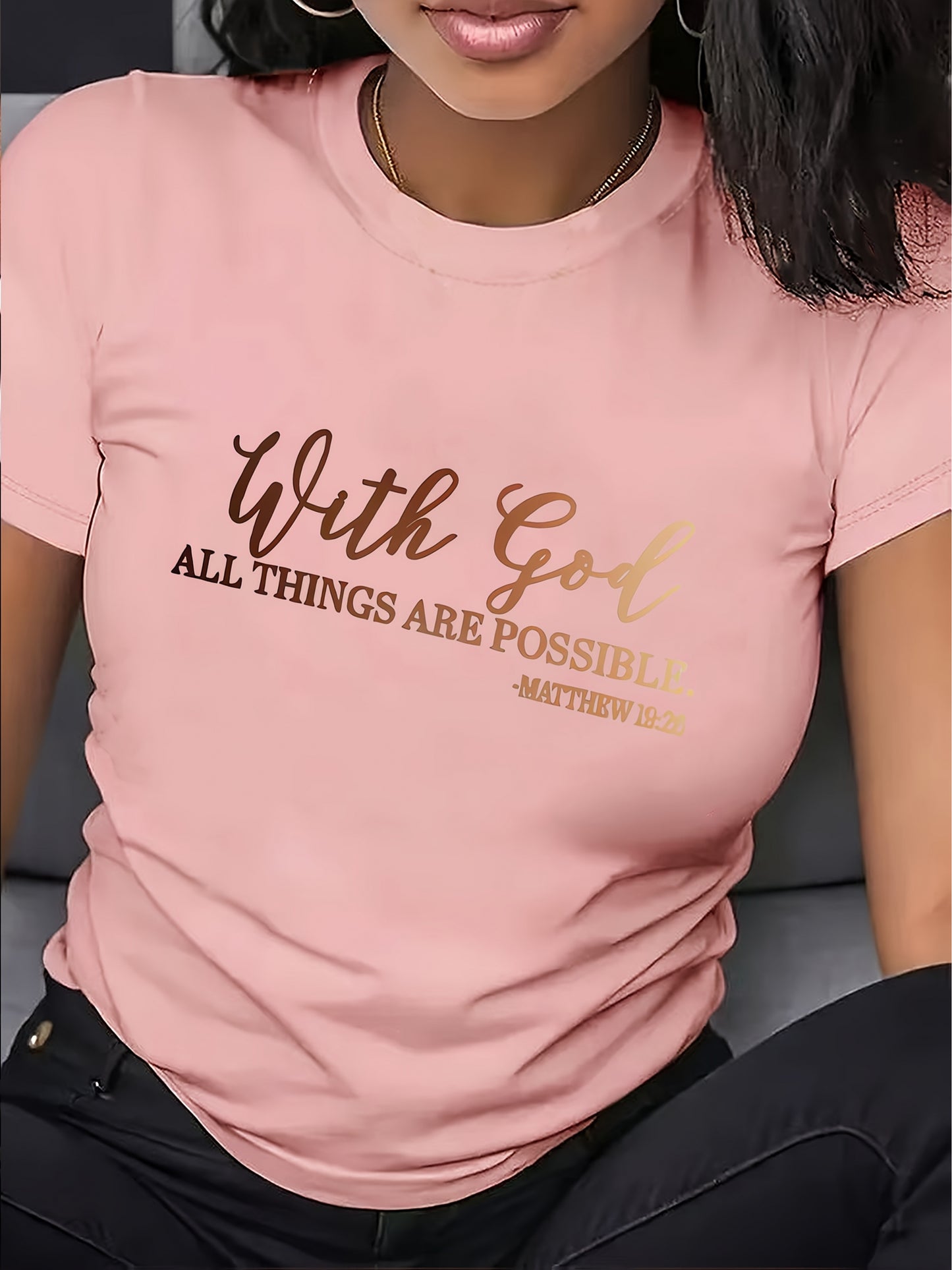 [Soft Christian Faith T-Shirt] Women's Soft Everyday Christian Faith T-Shirt | 'With God Everything is Possible' Bible Verse (Matthew 26:4) | Light Blue Casual Top for Church, Everyday Outfits | Machine Washable, Durable, Com