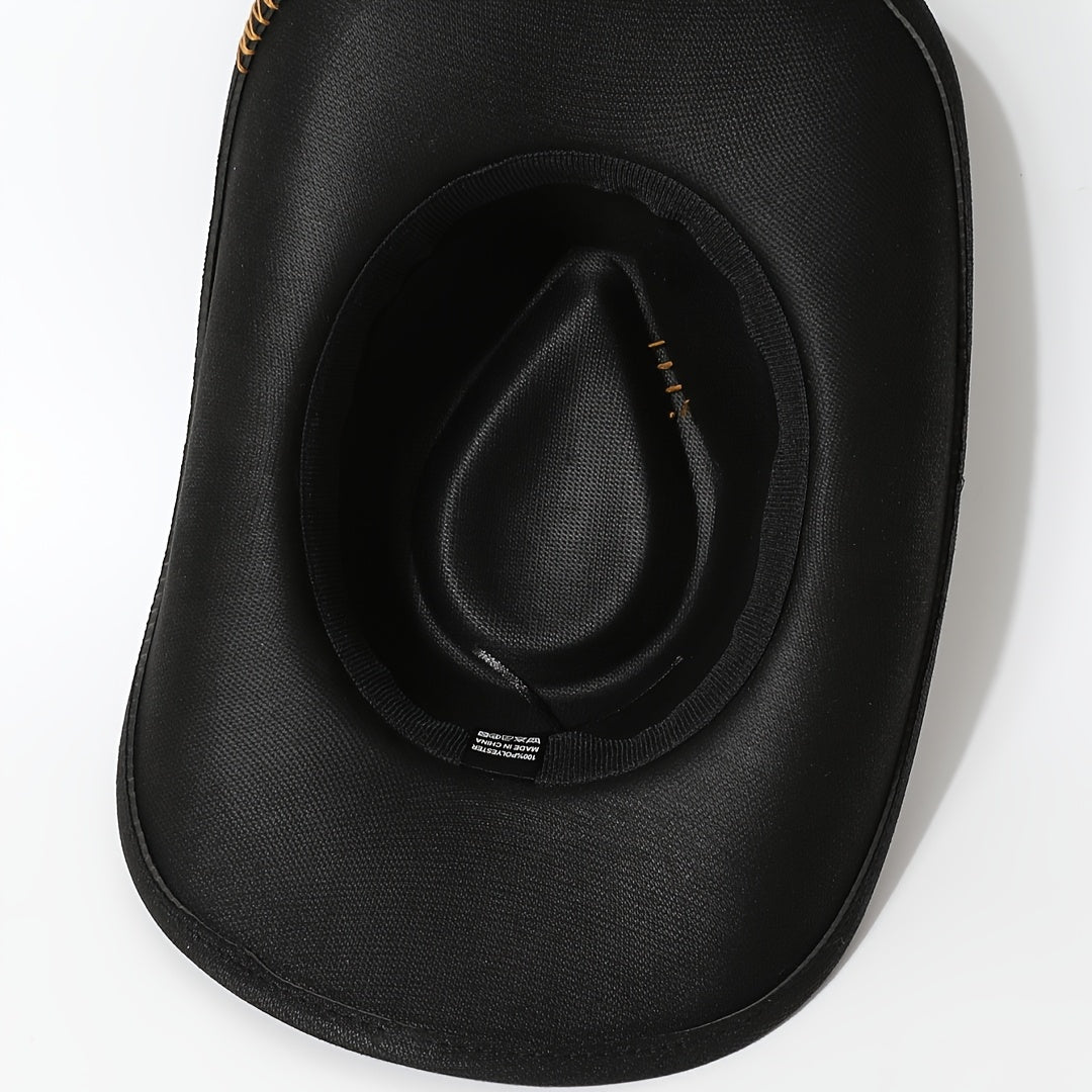 Men'S Western Cowboy Hat - Black Wide Brim with Blue & White Floral Embroidery, Copper Bull Head Metal Belt Buckle, Lightweight Fitted Design for Outdoor, Parties, Performances - All-Season Versatile Cowboy Hat, Cowboy Hat