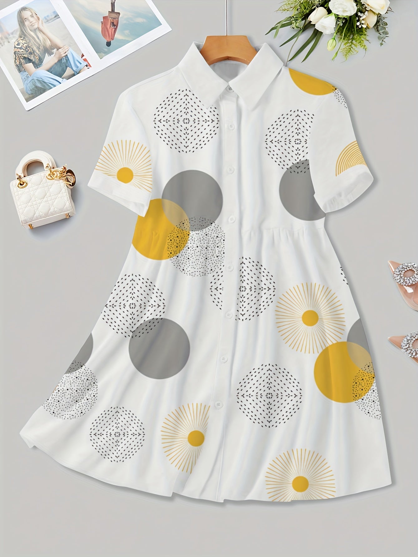Chic Geometric Print A-Line Dress with Button Front and Collar - Casual Polyester, Machine Washable - Perfect for All Seasons