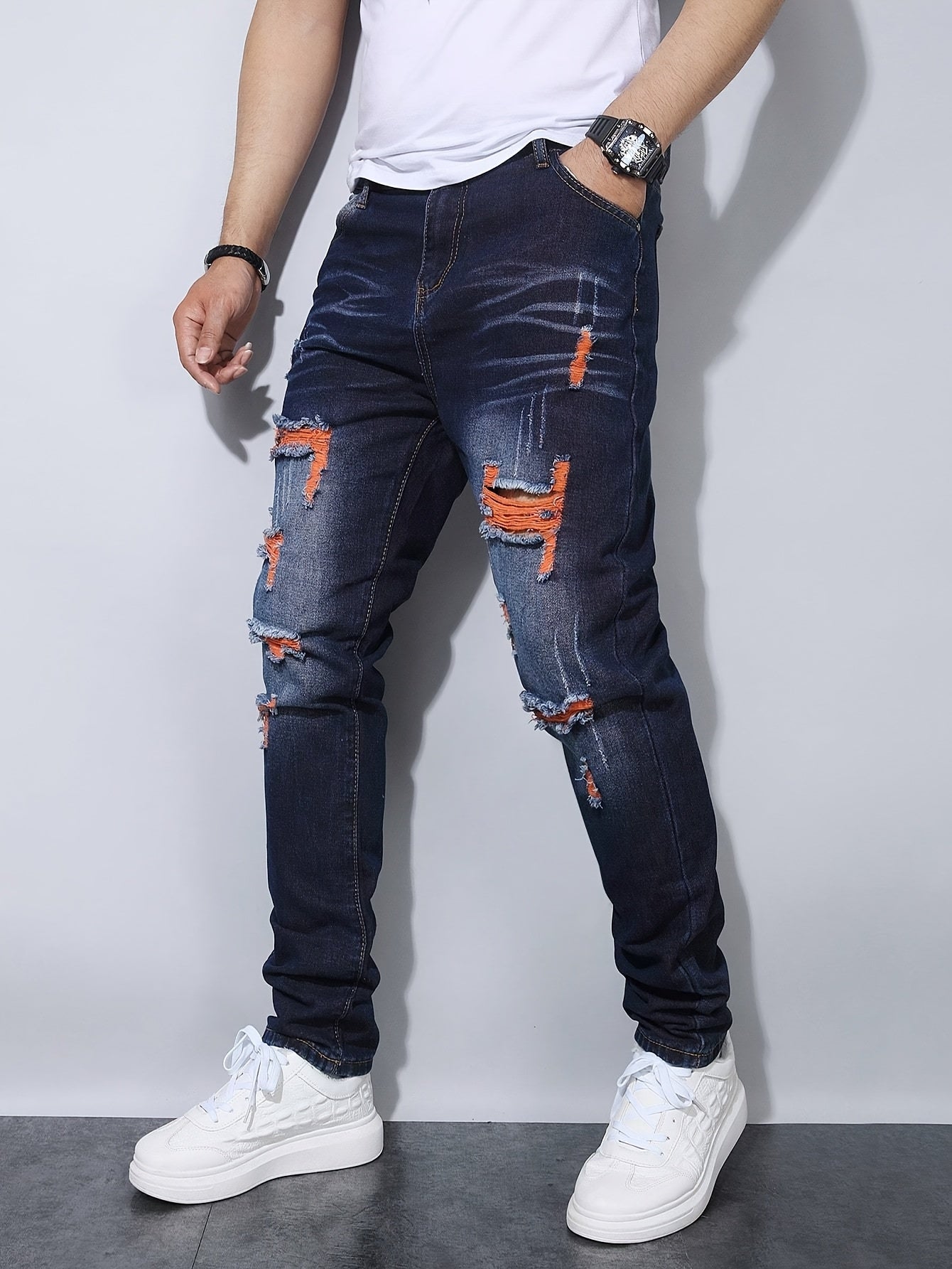 's & Teen Boys' Dark Washed Blue Distressed Jeans - Heavy-Denim Ripped Straight Leg Pants with Frayed Hem & Belt Loops, Mid-Rise Slim Fit for Casual Casual Attire (Machine Washable, All-Season) - Youthful Streetwear Style (Ag