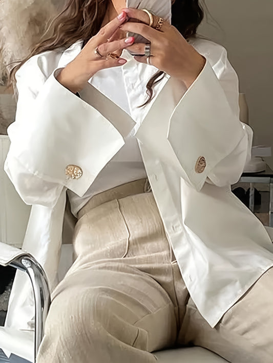 ZAFUL Women's Elegant White Loose Sleeve Shirt Top - Classic Collar & Golden Button Front Placket, Premium Fabric Business Work Blouse, Machine Washable Spring/Autumn Office Casual Chic Tops, Sophisticated Styling
