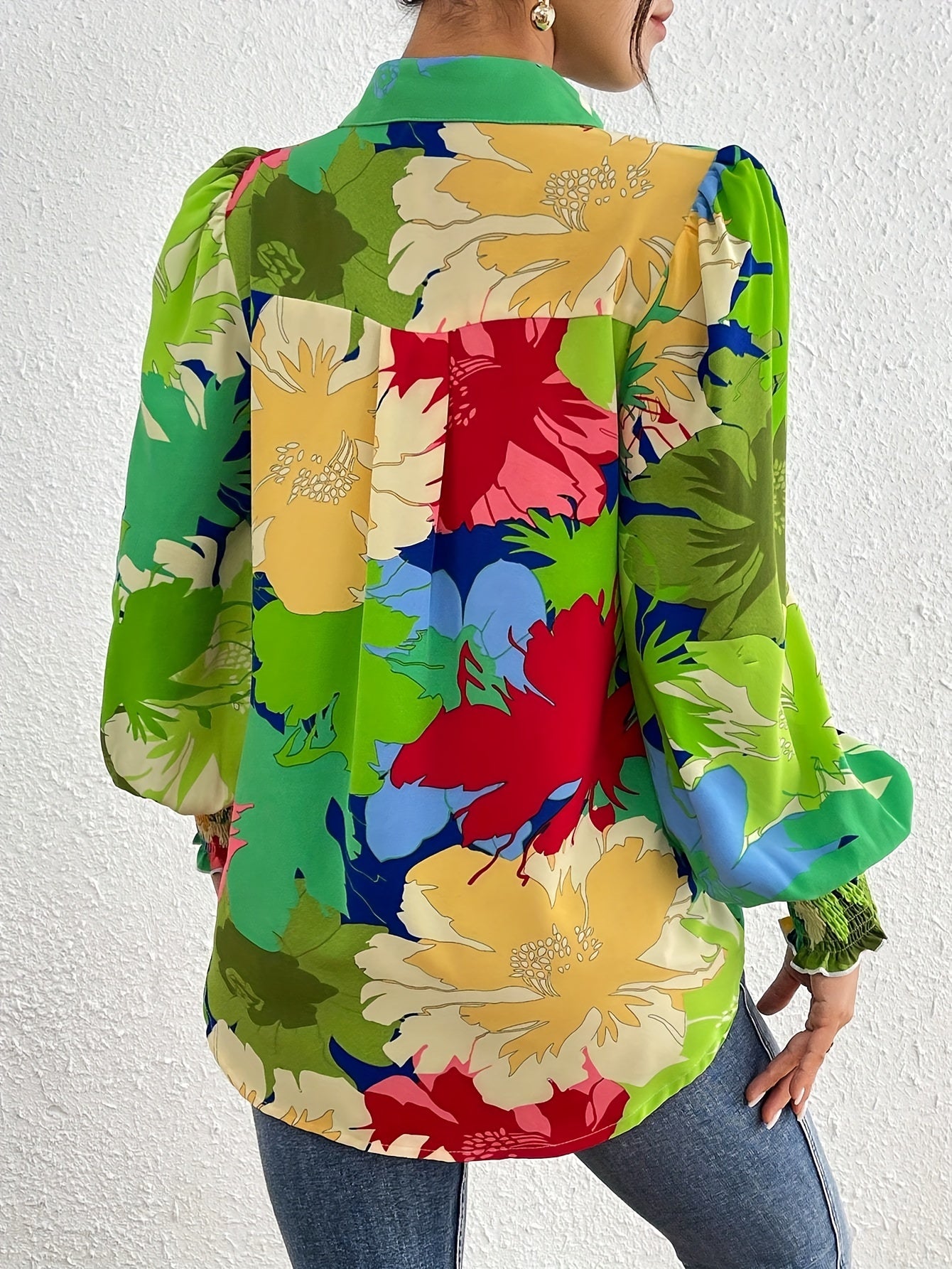 Floral Print Button Front Shirt, Vacation Long Lantern Sleeve Blouse For Spring & Fall, Women's Clothing