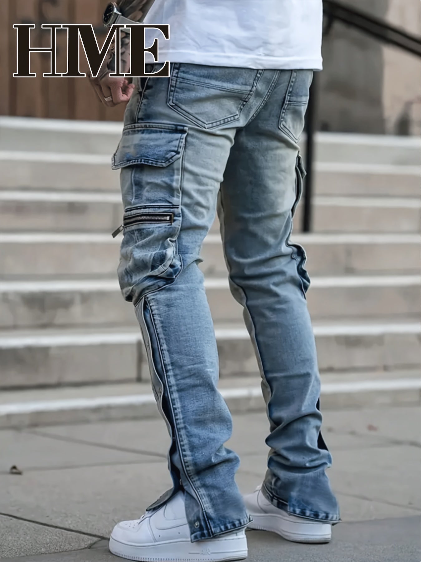 HME Men'S Skinny Faux Denim - Stretch Skinny Fit Mid-Rise Pants with Zipper Closure, Multi-Pocket Design (Including Slit Buttons), Light Washed Look for Everyday & Formal Outfits - Urban Streetwear Faux Denim for Teens & Adul