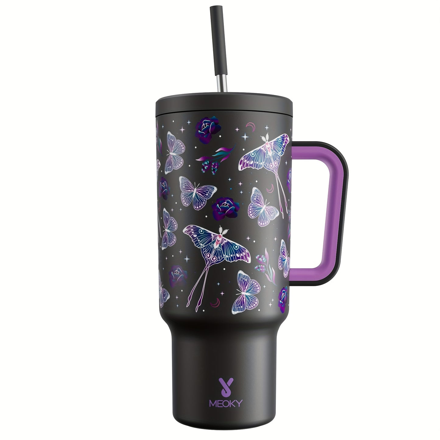 Meoky 40oz Insulated Stainless Steel Water Bottle - Vibrant Butterfly Design, Keeps Drinks Hot/Cold for Hours, with Lid, Straw & Handle - Ideal for Outdoor Activities, Camping, Hiking, Car Travel - Perfect Easter Gift