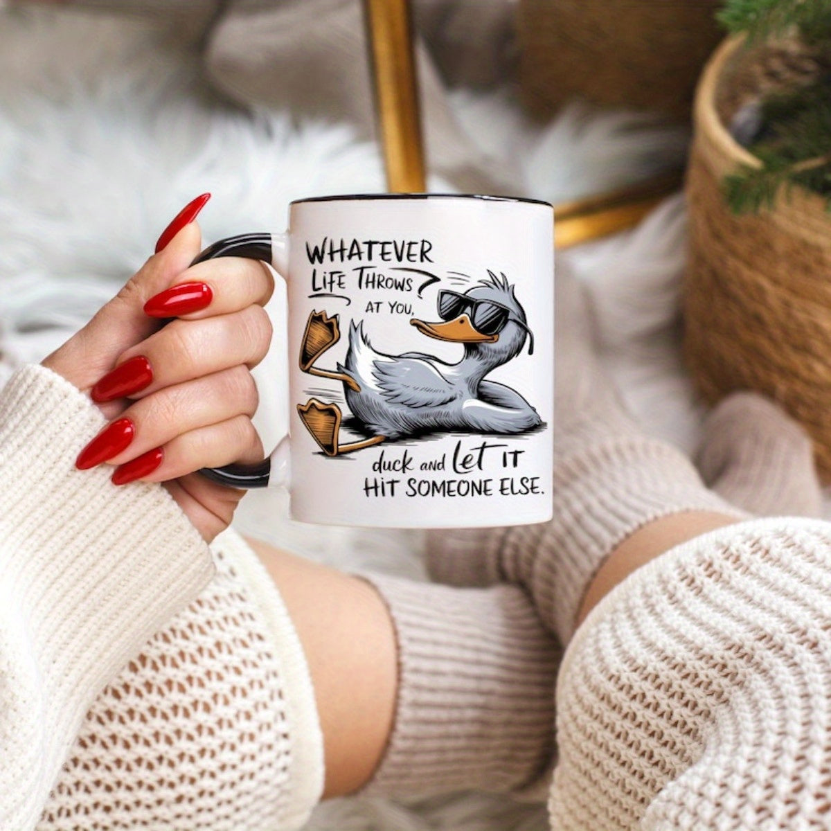 1pc 11oz Ceramic Coffee Mug with Funny Duck Quote "Whatever Life Throws at You, Duck and Let It Hit Someone Else" - Humorous White Cup with Fashion Glasses Duck Design & Black Handle, Dishwasher Safe, Perfect Gift for Friends
