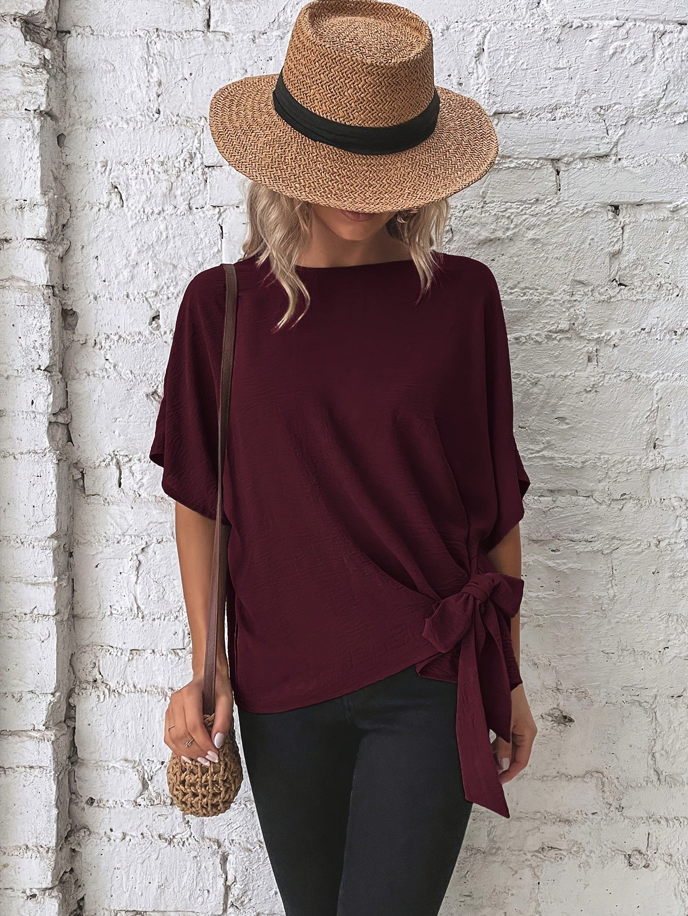 [Burgundy Casual Shirt] Burgundy Women's Casual Shirt | Batwing Sleeve, Side Knot Detail, Round Neck, Solid Color, Machine Washable, Regular Fit