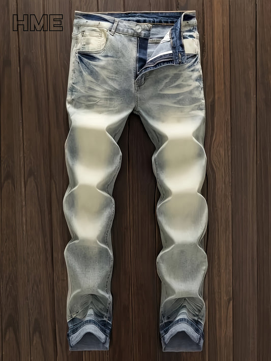 [HME] New Men'S Faux Denim for Autumn, Heavily Washed And Naturally Polished, Hand-brushed Three-dimensional Cat Whiskers, Retro And Trendy Style, Mid-waist Design, Elastic And Slimming Small Straight Leg, Fashionable And Cas