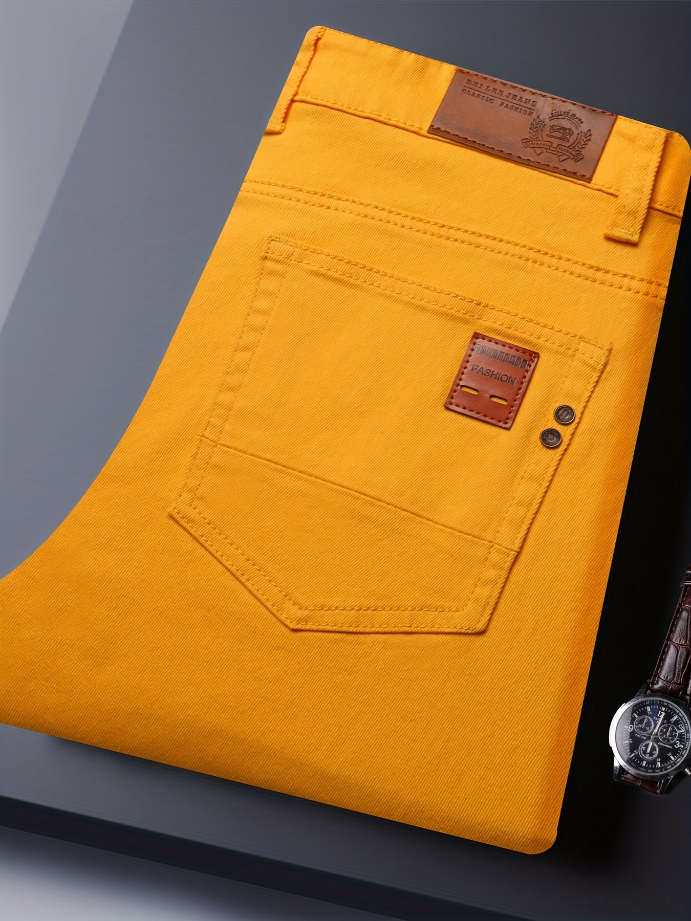 Men's All-Season Slim-Fit Straight-Leg Business Casual Faux Denim - Mid-Rise Beltless Design with Built-In Zipper Closure, Water-Washable Stretch Fabric, Multi-Color Options for Office, Semi-Formal & Casual Attire - Versatile