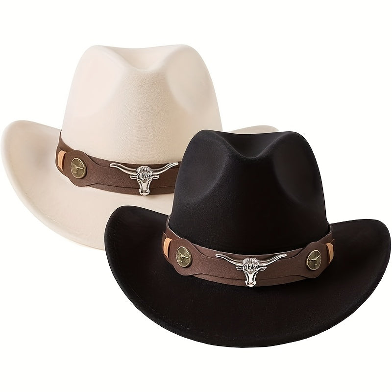 [2-Pack Western Cowboy Hats] 2-Pack Stylish Western Cowboy Hats, Beige & Brown, Unisex Polyester Felt Hats | Wide Brim Hat, Faux Leather & Bull Head Belt, Perfect for Western Themed Events, Costume Parties, and Outdoor Advent