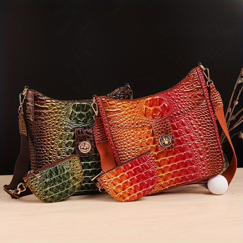 Elegant women's cross-body bag, fashionable color crocodile pattern cross-body bag, wide shoulder strap removable two-piece women's bag, safety zipper bag with coin purse